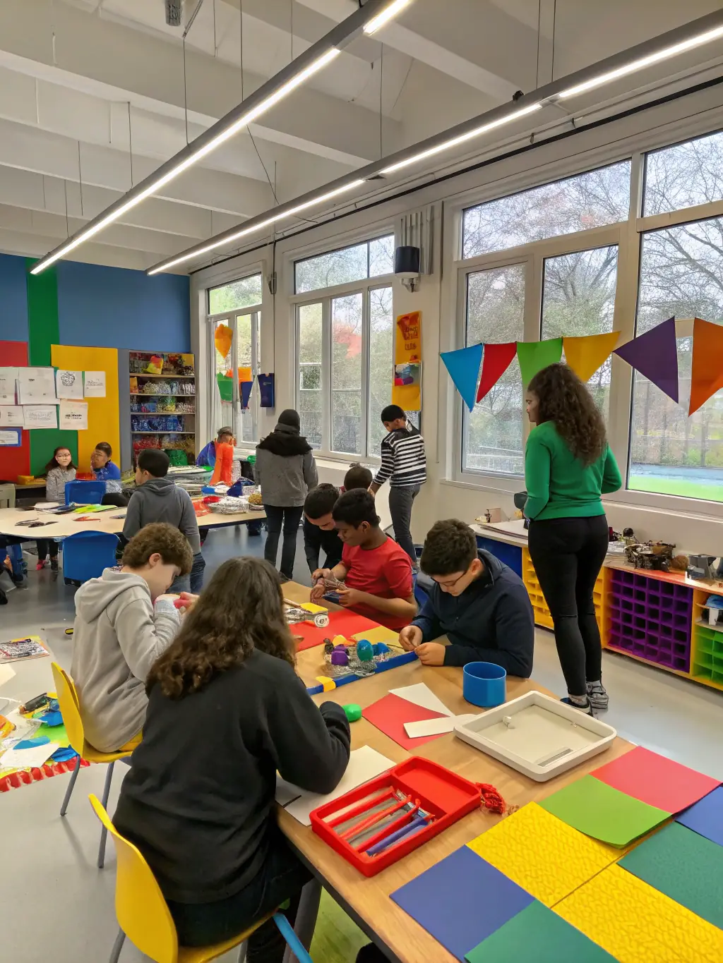 A workshop scene with participants of different ages and backgrounds learning to create art from recycled materials, emphasizing inclusivity and skill development.