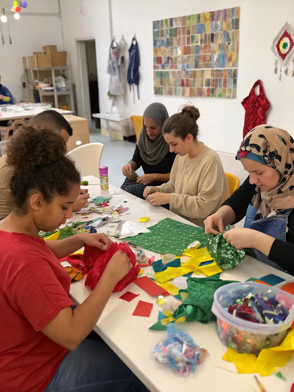 A diverse group of people collaborating on a large mosaic made from recycled glass and ceramic tiles, showcasing community inclusion and artistic expression.