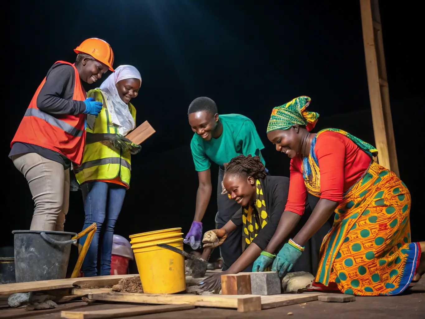 A group of diverse individuals collaborating on a large mosaic artwork made from recycled glass and ceramics, reflecting the community spirit of ECUME D'ACIER's collaborative projects.